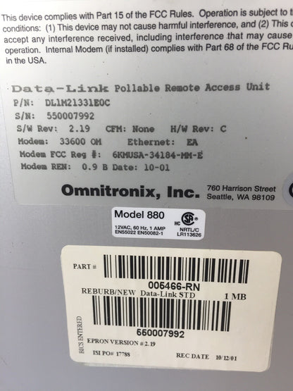 OMNITRONIX 880 DATA LINK POLLABLE REMOTE ACCESS UNIT