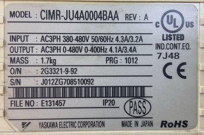 YASKAWA CIMR-JU4A0004BAA REV A J1000 AC DRIVE OUTPUT AC3PH 0-480V 4.1A/3.4A