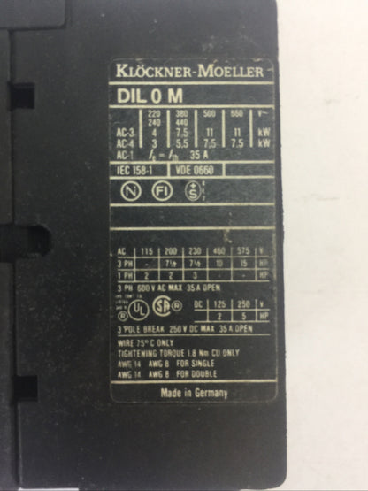 KLOCKNER MOELLER STARTER DIL 0M CONTACTOR 3POLE 250VDC 35A 15HP COIL 120V 60HZ