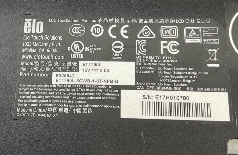 ELO E326942 TOUCH SOLUTIONS LCD TOUCHSCREEN MONITOR ET1790L-8CWB-1-ST-NPB-G