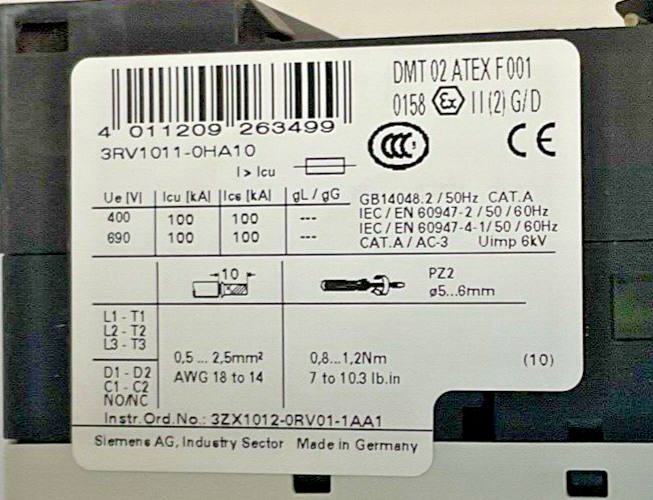 SIEMENS 3RV1011-0HA10 COMBINATION MOTOR CONTROL 0.55-0.8A