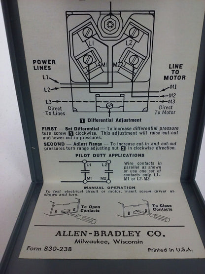 ALLEN BRADLEY, 830-B5200, SER. A, PRESSURE CONTROL, RANGE 15-80, DIFF 15-25, NEW