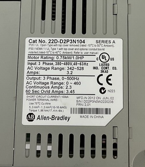 ALLEN BRADLEY 22D-D2P3N104 POWERFLEX 40P 3PHASE 3.2A FRN:2.01  SER.A 1HP