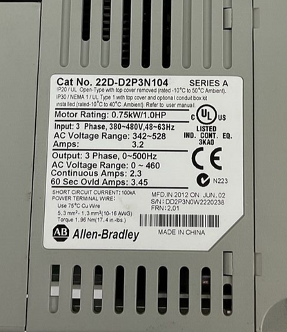 ALLEN BRADLEY 22D-D2P3N104 POWERFLEX 40P 3PHASE 3.2A FRN:2.01  SER.A 1HP