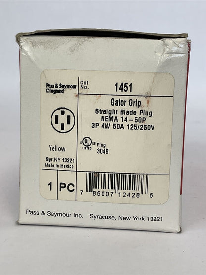PASS & SEYMOUR 1451 GATOR GRIP STRAIGHT BLADE PLUG 3P 4W 50A 125/250V