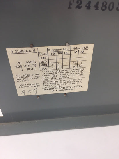 ZINSCO QSFT353B TWIN PANELBOARD FUSIBLE 30AMP 600VAC 3 POLE 7 1/8 HP