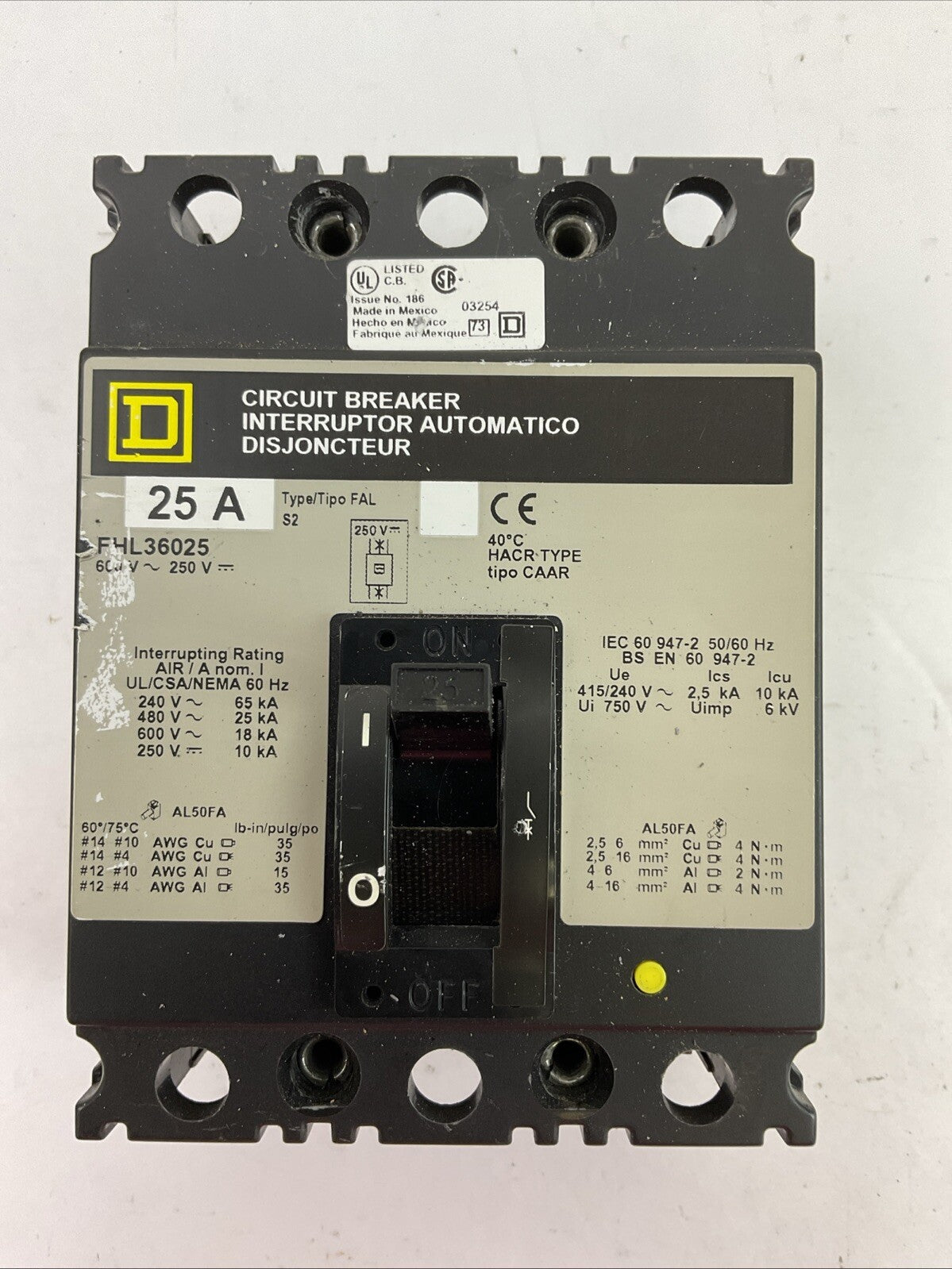 SQUARE D FHL36025 CIRCUIT BREAKER 25A 600VAC 250VDC 3POLE