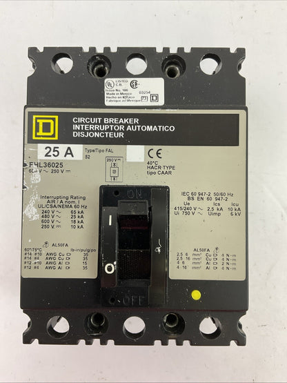 SQUARE D FHL36025 CIRCUIT BREAKER 25A 600VAC 250VDC 3POLE