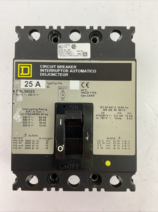 SQUARE D FHL36025 CIRCUIT BREAKER 25A 600VAC 250VDC 3POLE