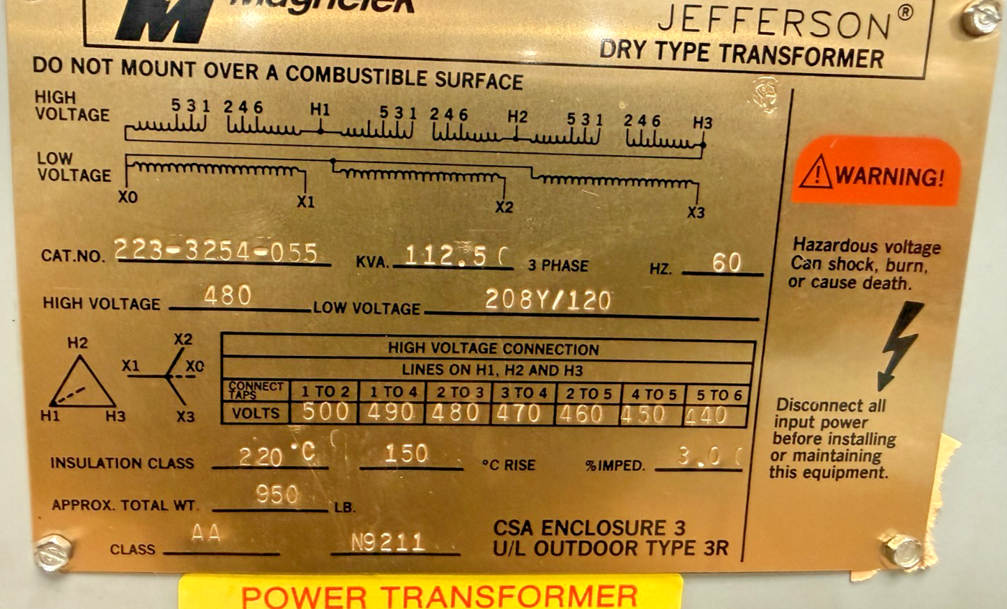 MAGENTEK 223-3254-055 TRANSFORMER 112.5KVA 3PH 208Y/120 60HZ