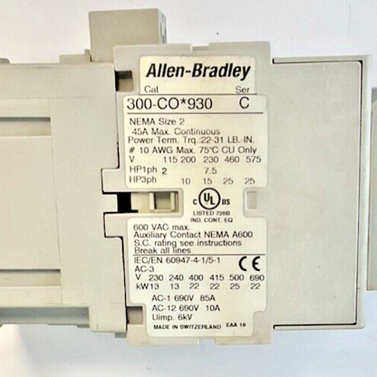 ALLEN BRADLEY 300-CO*930 SER.C CONTACTOR W/ 100F W/ 100-S 600V NEMA SIZE 2
