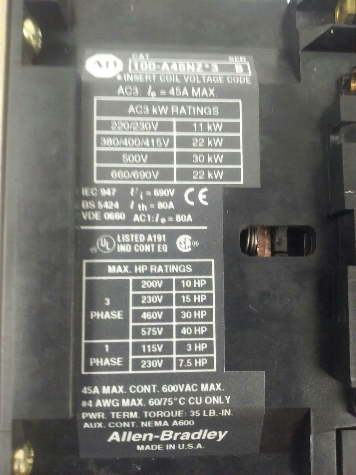 ALLEN BRADLEY 100-A45NZ*3 SER. B, CONTACTOR, 3PH, 600V, 45A, 40HP, 660/690V 22kW