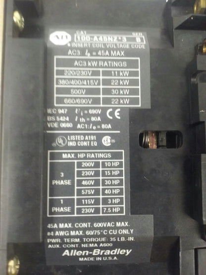 ALLEN BRADLEY 100-A45NZ*3 SER. B, CONTACTOR, 3PH, 600V, 45A, 40HP, 660/690V 22kW
