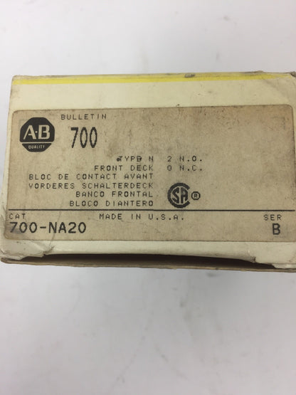 ALLEN BRADLEY 700-NA20 RELAY ACCESSORY TYPE N FRONT DECK 2N.O. 0N.C. SERIES B