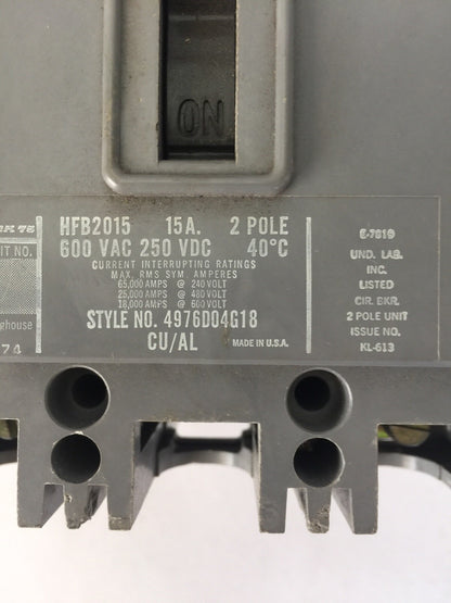 WESTINGHOUSE HFB2015 AB DE-ION CIRCUIT BREAKER 15AMP 600VAC 250VDC 2P 4976D04G18