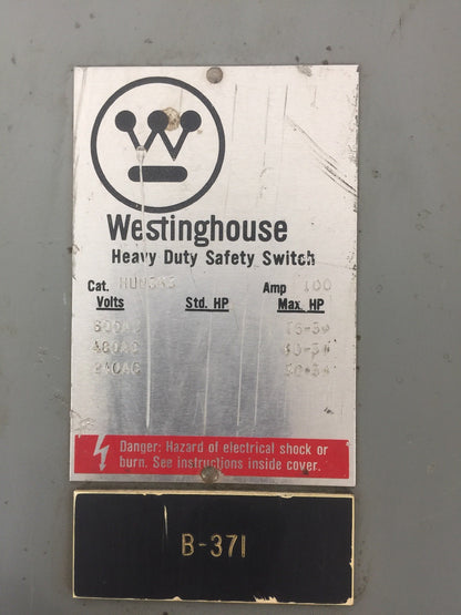 WESTINGHOUSE HUN363 HEAVY DUTY SAFETY SWITCH 100AMP 600VAC 75HP TYPE 1 ENCLOSURE