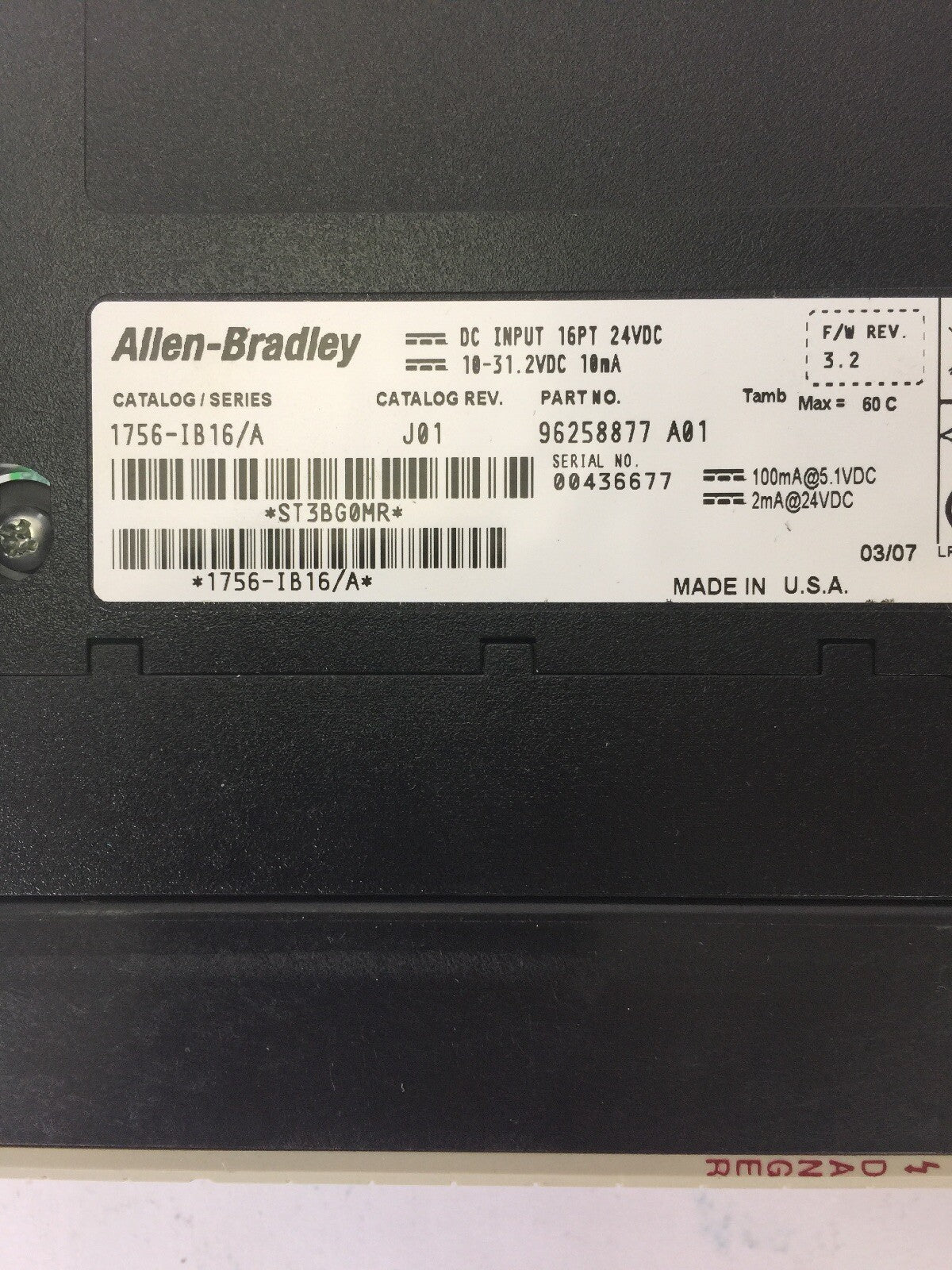 ALLEN BRADLEY 1756-IB16 DC INPUT 16PT 24VDC 10-31.2 VDC 10mA SER A F/W REV. 3.2