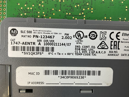 ALLEN BRADLEY 1747-AENTR SER A FW 2.002 ETHERNET/IP MODULE DIR/VER 10000211144/
