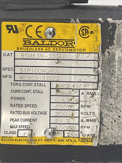 BALDOR BSM63N-333AA BRUSHLESS AC SERVO MOTOR POWER 0.93KW RATED SPEED 6000RPM