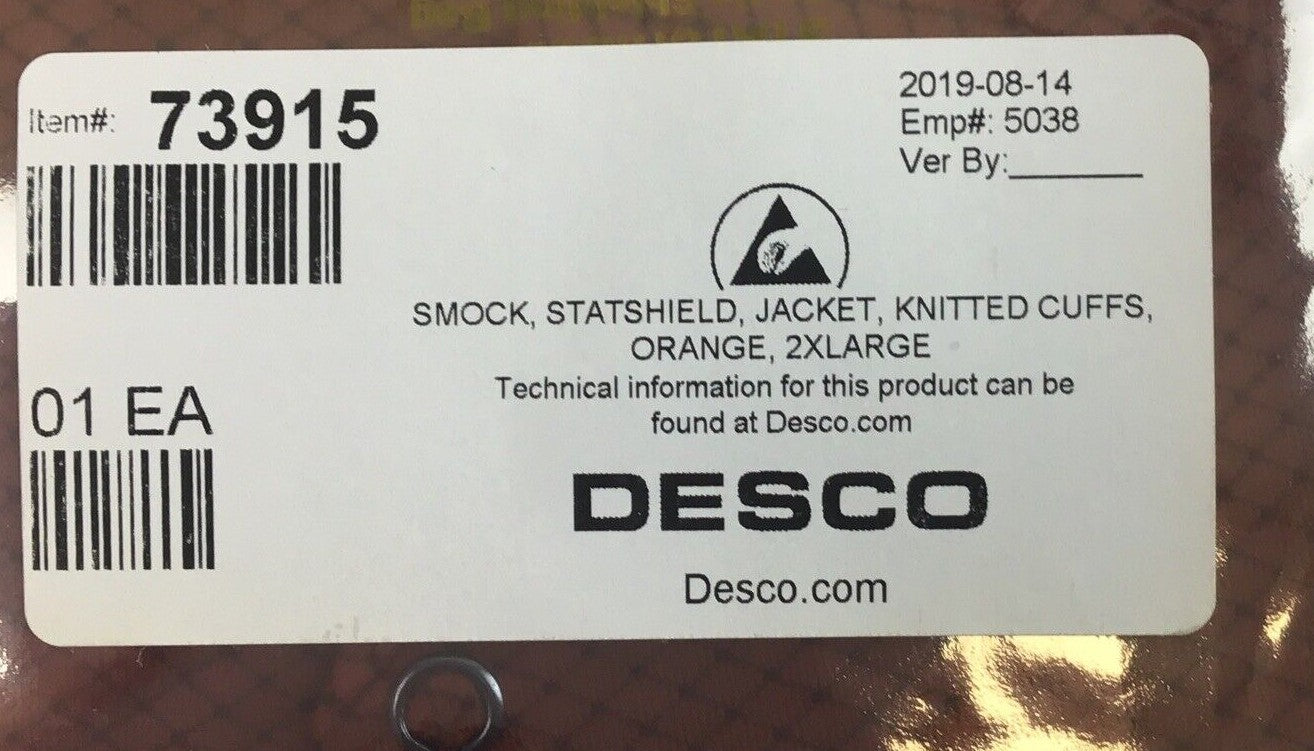 DESCO 73915 SMOCK, STATSHIELD, JACKET, KNITTED CUFFS, ORANGE, XXLARGE