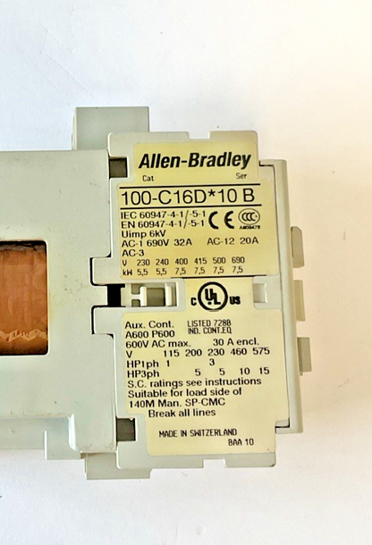 ALLEN BRADLEY 100-C16*D10 CONTACTOR SER.B 600VAC 30A