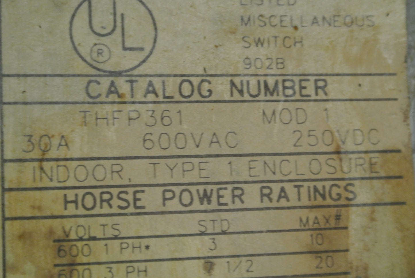 GE THFP361 - QMR-TYPE PANELBOARD UNIT - FUSIBLE SWITCH - 600VAC, 30A, 20HP MAX.