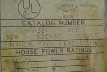 GE THFP361 - QMR-TYPE PANELBOARD UNIT - FUSIBLE SWITCH - 600VAC, 30A, 20HP MAX.