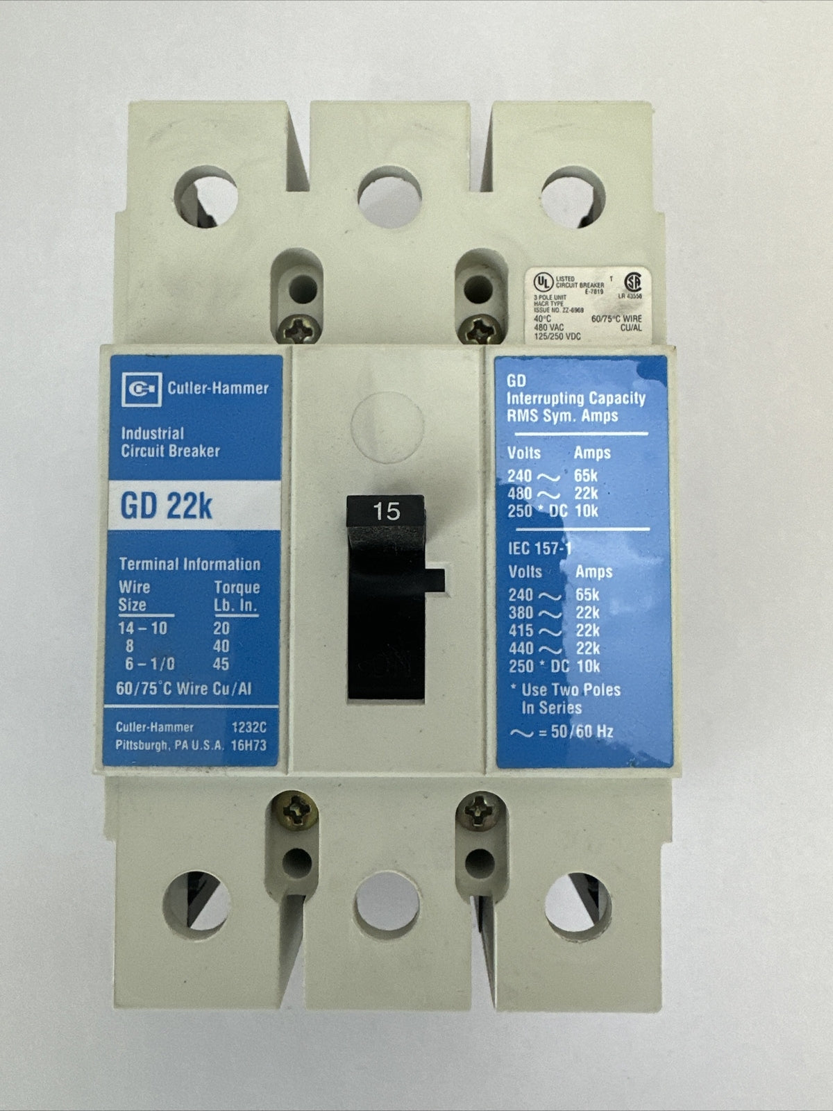 CUTLER HAMMER GD3015 CIRCUIT BREAKER 15AMP 480VAC 250VDC 3POLE