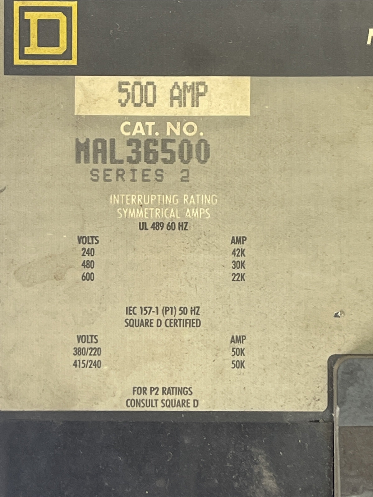 SQUARE D MAL36500 MOLDED CASE CIRCUIT BREAKER 500AMP 600VAC 250VDC 3P SER 2