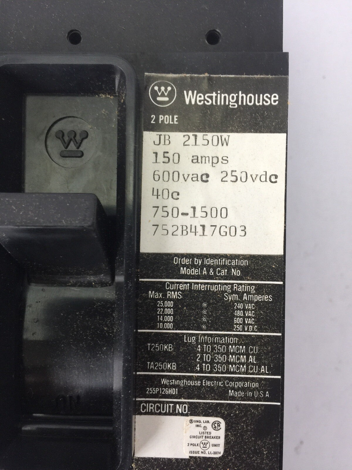 WESTINGHOUSE JB2150W AB DEION CIRCUIT BREAKER 150A 600VAC 250VDC 2 POLE