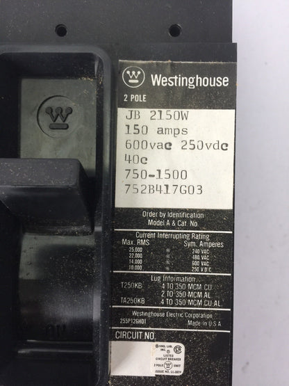 WESTINGHOUSE JB2150W AB DEION CIRCUIT BREAKER 150A 600VAC 250VDC 2 POLE