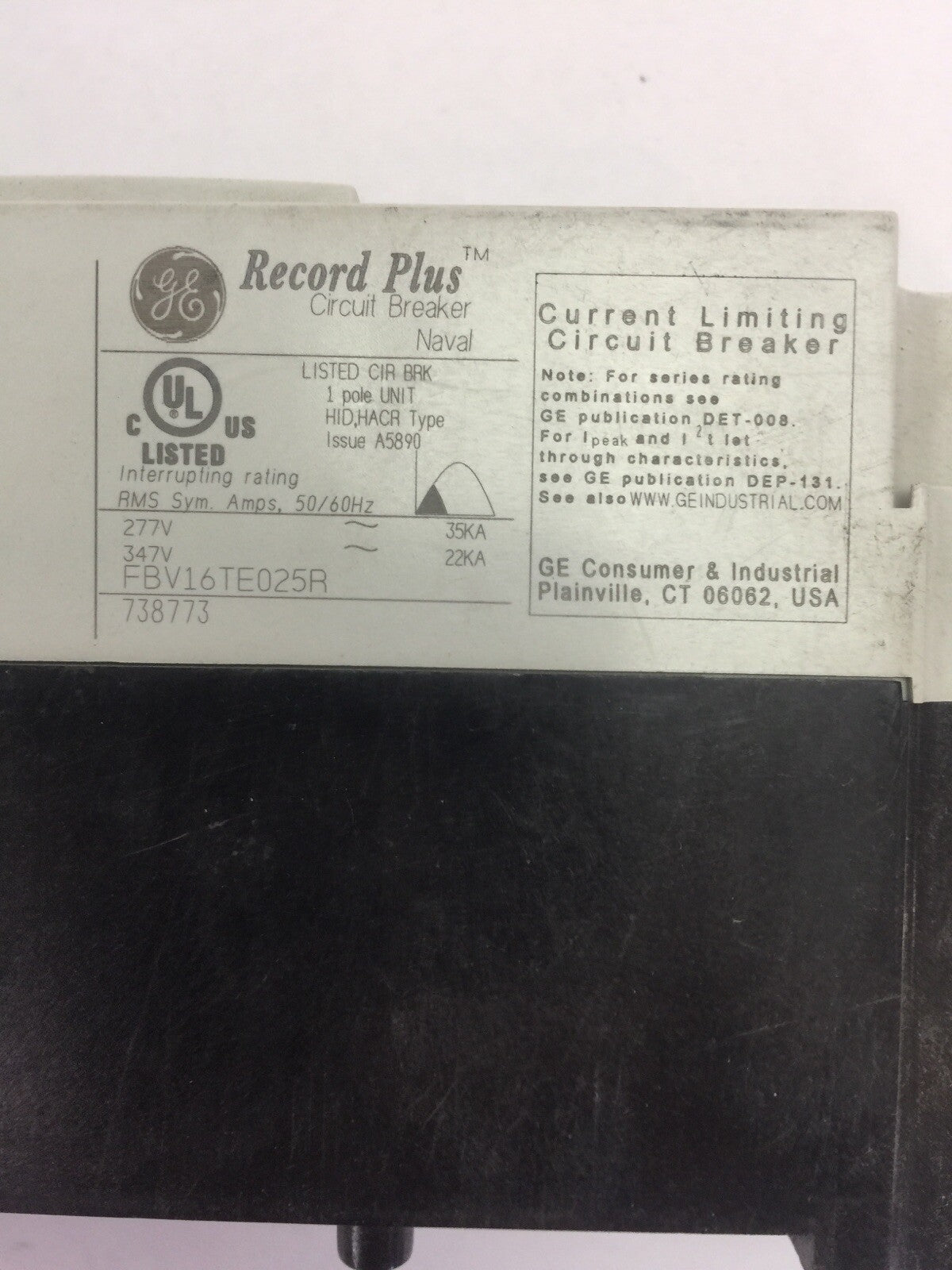 GE FBV16TE025R RECORD PLUS CIRCUIT BREAKER 25A 277/347VAC 50/60HZ