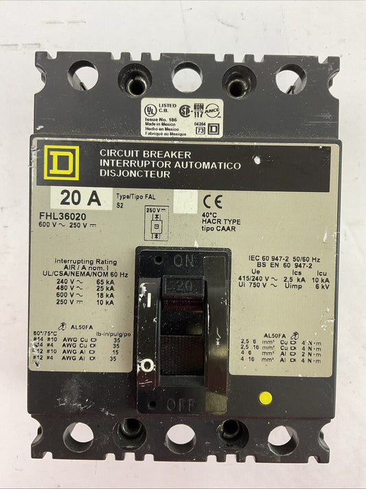 SQUARE D FHL36020 CIRCUIT BREAKER 20A 600VAC 250VDC 3POLE