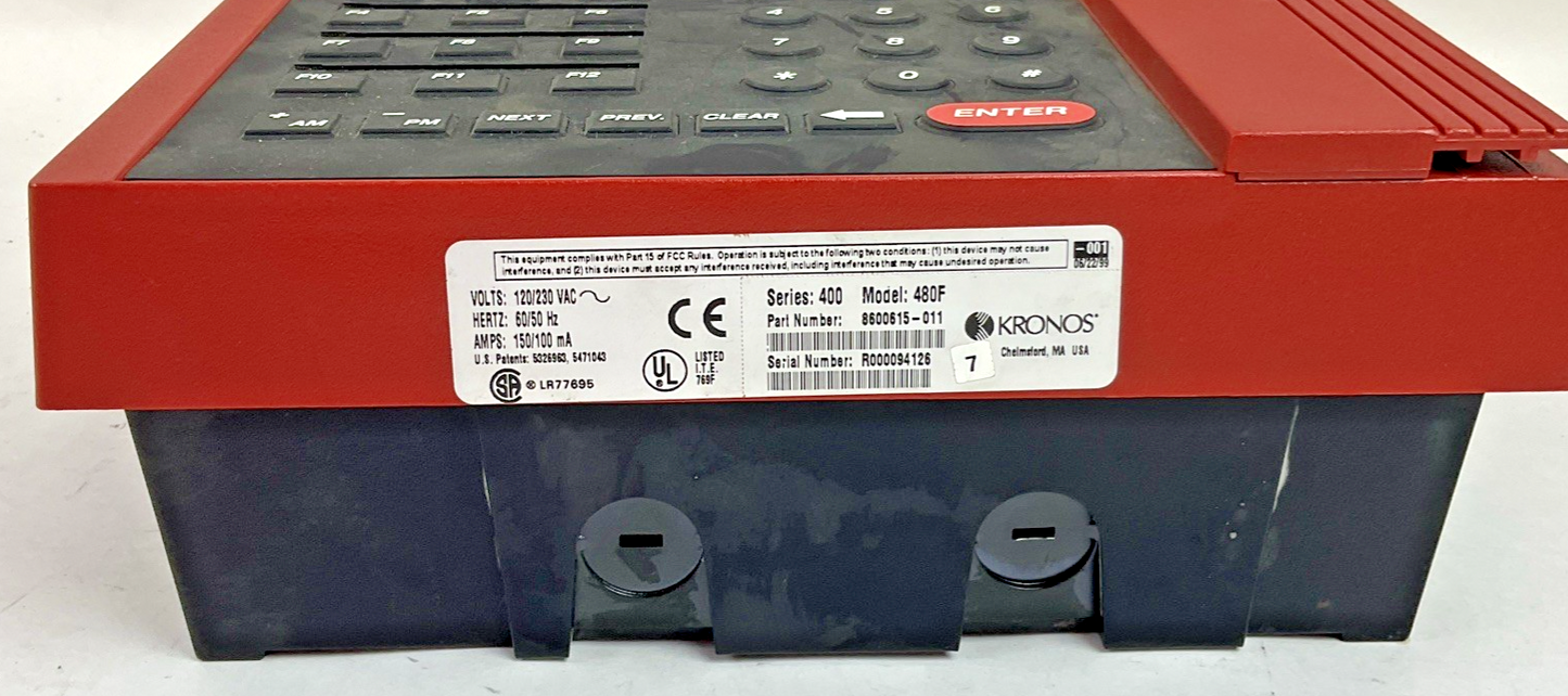 KRONOS 8600615-011 TIME CLOCK SER.400 MODEL 480F 120/230VAC 60/50HZ 150A 100MA