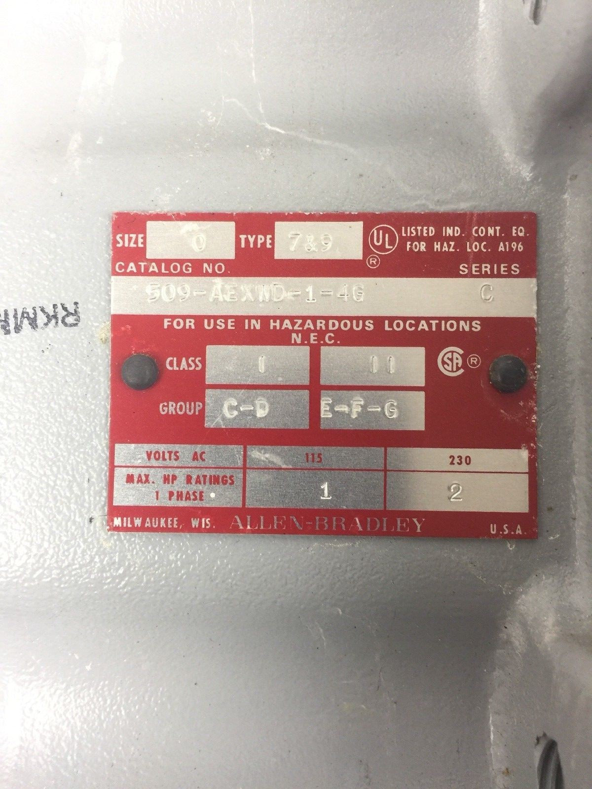ALLEN BRADLEY 509-AEXWD-1-4G SINGLE PHASE MAGNETIC MOTOR CONTROLLER SIZE 0