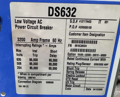 CUTLER HAMMER DS632 CIRCUIT BREAKER 3200 AMP 635V W/DIGITRIP RMS 810 S86LSIG (D)