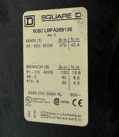 SQUARE D 9080-LBFA369136 3P 335A 600V POWER DISTRIBUTION BLOCK
