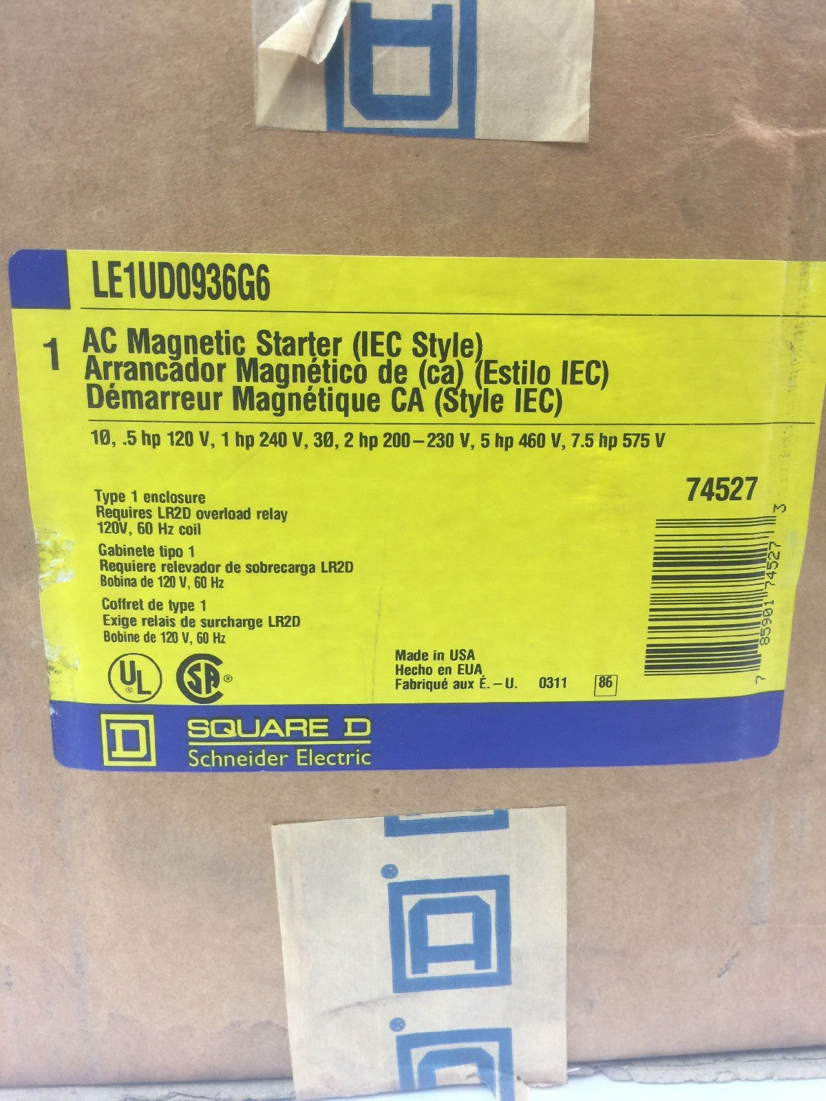 SQUARE D LE1UD0936G6 AC MAGNETIC STARTER 600VAC 3PH COIL 120V 60HZ TYPE 1 ENCLOS