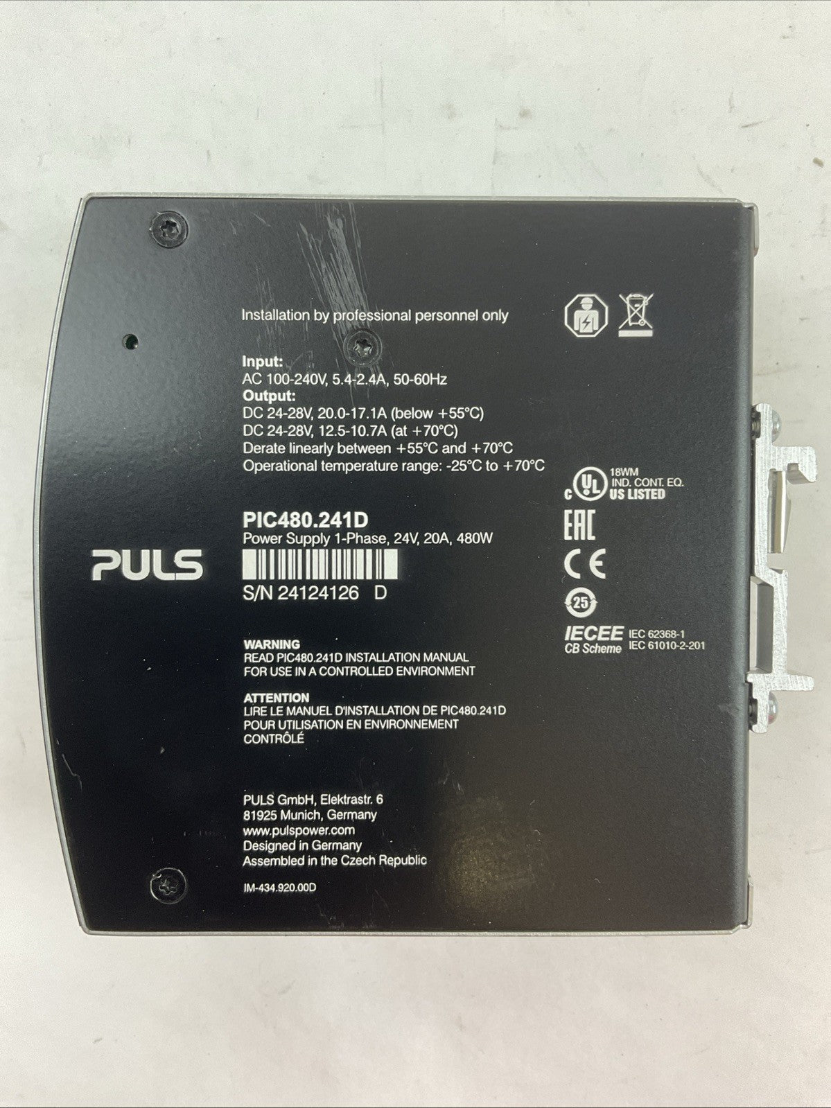 PULS PIC480.241D POWER SUPPLY OUTPUT 24-28VDC INPUT 100-240VAC 5.4-2.4A 50-60HZ