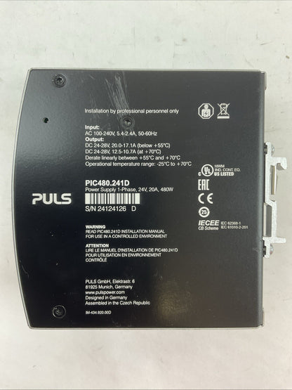 PULS PIC480.241D POWER SUPPLY OUTPUT 24-28VDC INPUT 100-240VAC 5.4-2.4A 50-60HZ