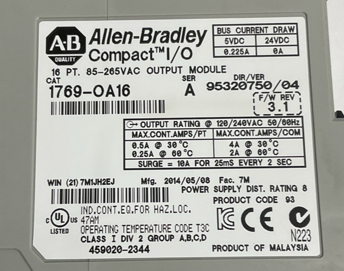 ALLEN BRADLEY 1769-OA16 OUTPUT MODULE SER.A 24VDC  265VAC
