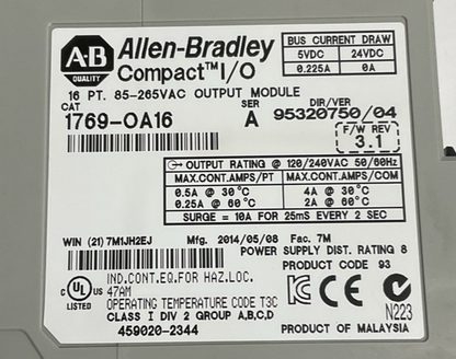 ALLEN BRADLEY 1769-OA16 OUTPUT MODULE SER.A 24VDC  265VAC