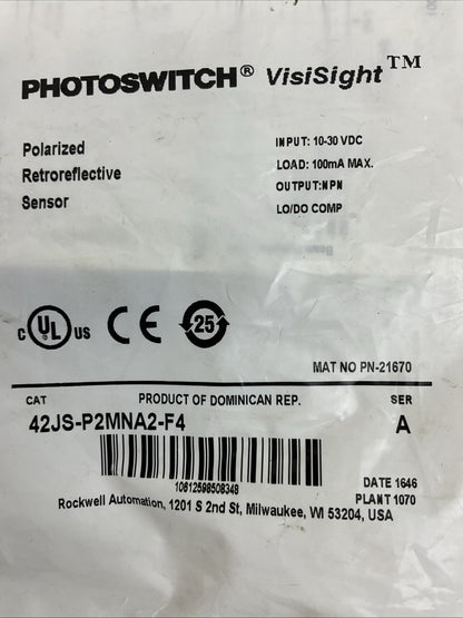 ALLEN BRADLEY 42JS-P2MNA2-F4 SER A POLARIZED RETROREFLECTIVE SENSOR PHOTOSWITCH