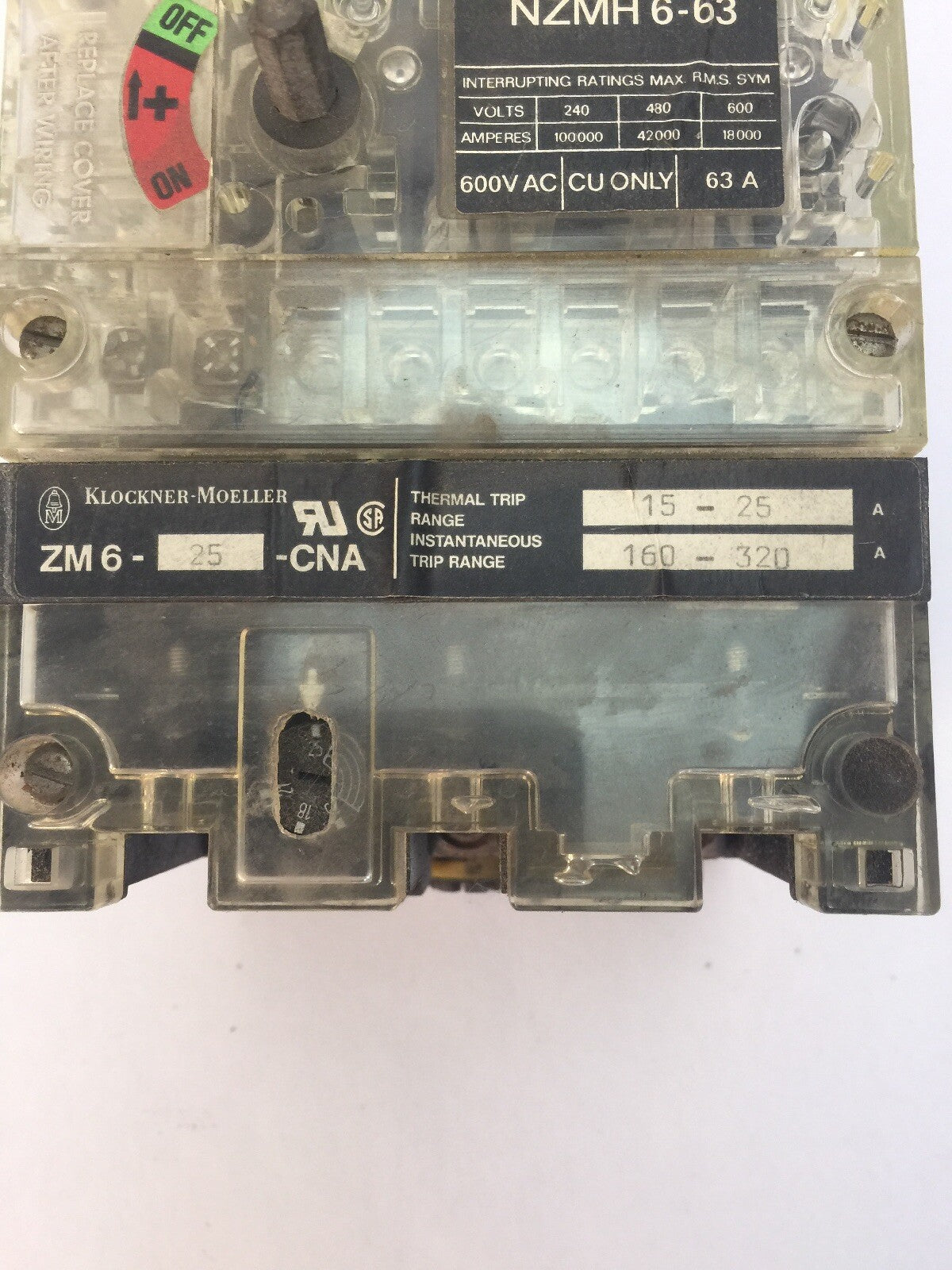 KLOCKNER MOELLER NZMH6-63 CIRCUIT BREAKER 600VAC 63A ZM6-25-CNA THERMAL TRIP