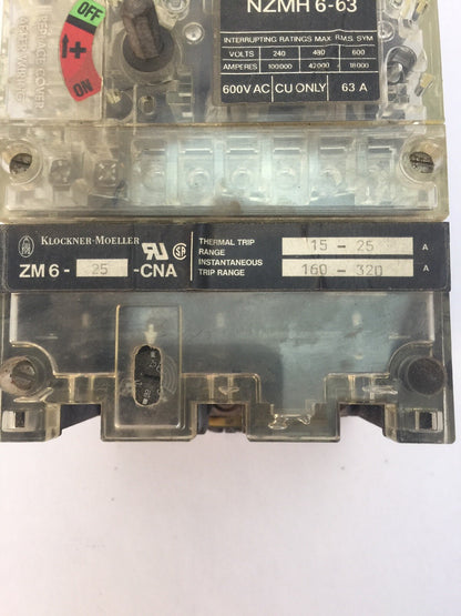 KLOCKNER MOELLER NZMH6-63 CIRCUIT BREAKER 600VAC 63A ZM6-25-CNA THERMAL TRIP