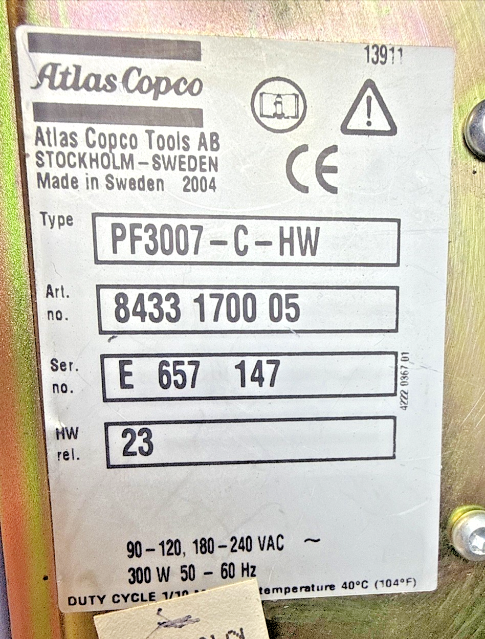 ATLAS COPCO PF-3007-C-HW TORQUE CONTROLLER 30W 50/60HZ 240VAC