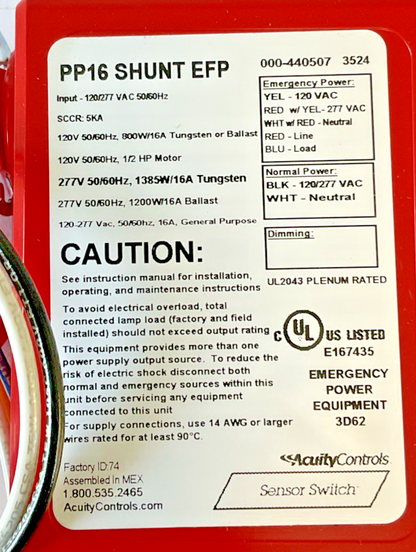 ACUITY CONTROLS PP16 SHUNT EFP BYPASS RELAY PACK