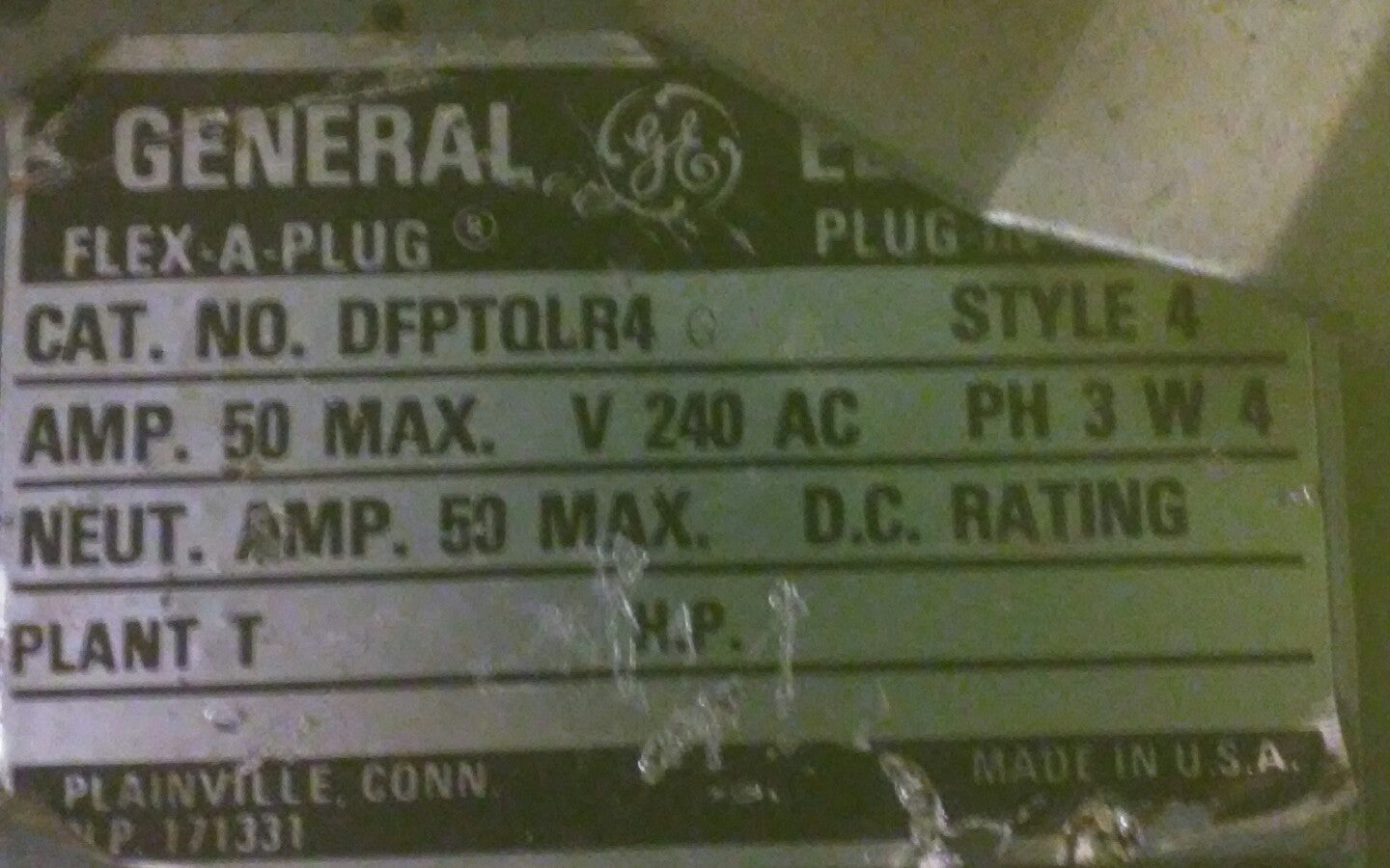 General Electric Flex-A-Plug Plug-In Device DFPTQLR4 G - 50 Amp, 240 Volt, 3 PH