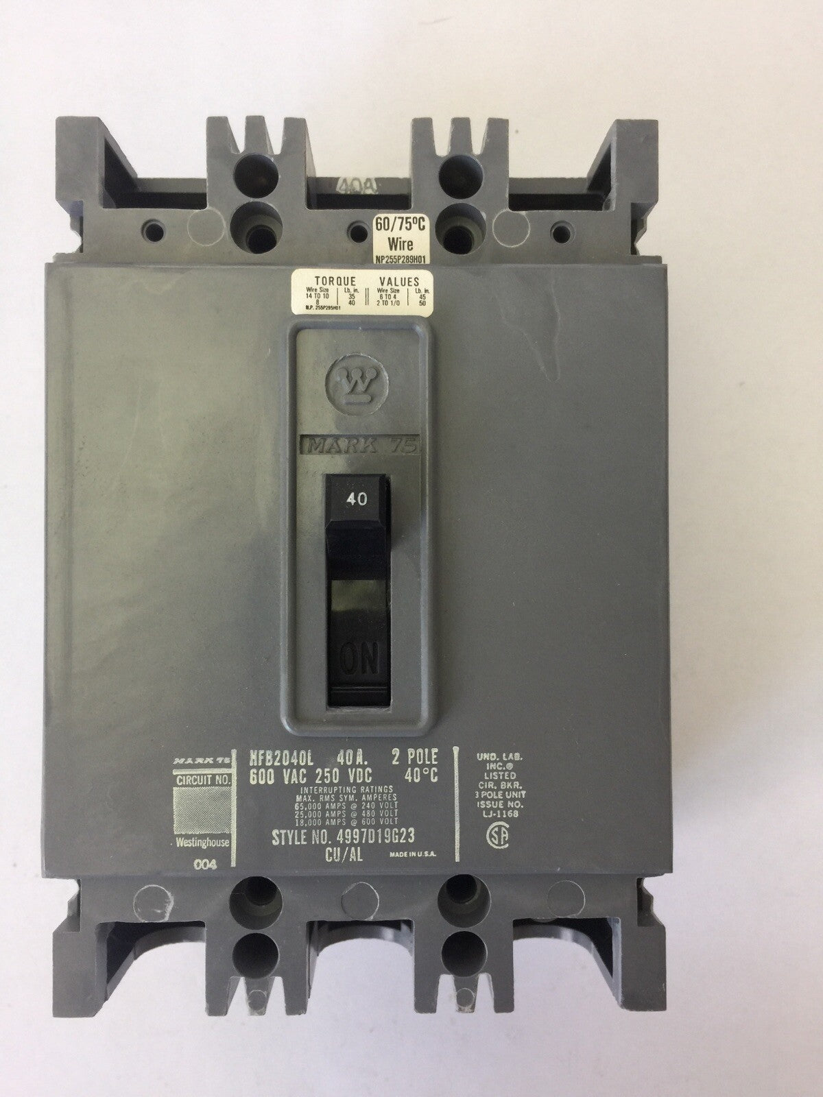 WESTINGHOUSE HFB2040L CIRCUIT BREAKER 40AMP 600VAC 250VDC 2POLE 4997D19G23