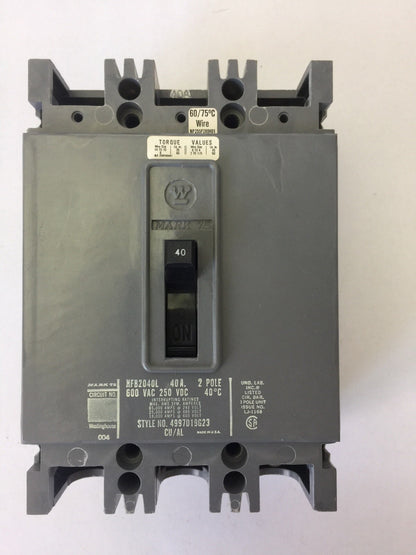 WESTINGHOUSE HFB2040L CIRCUIT BREAKER 40AMP 600VAC 250VDC 2POLE 4997D19G23